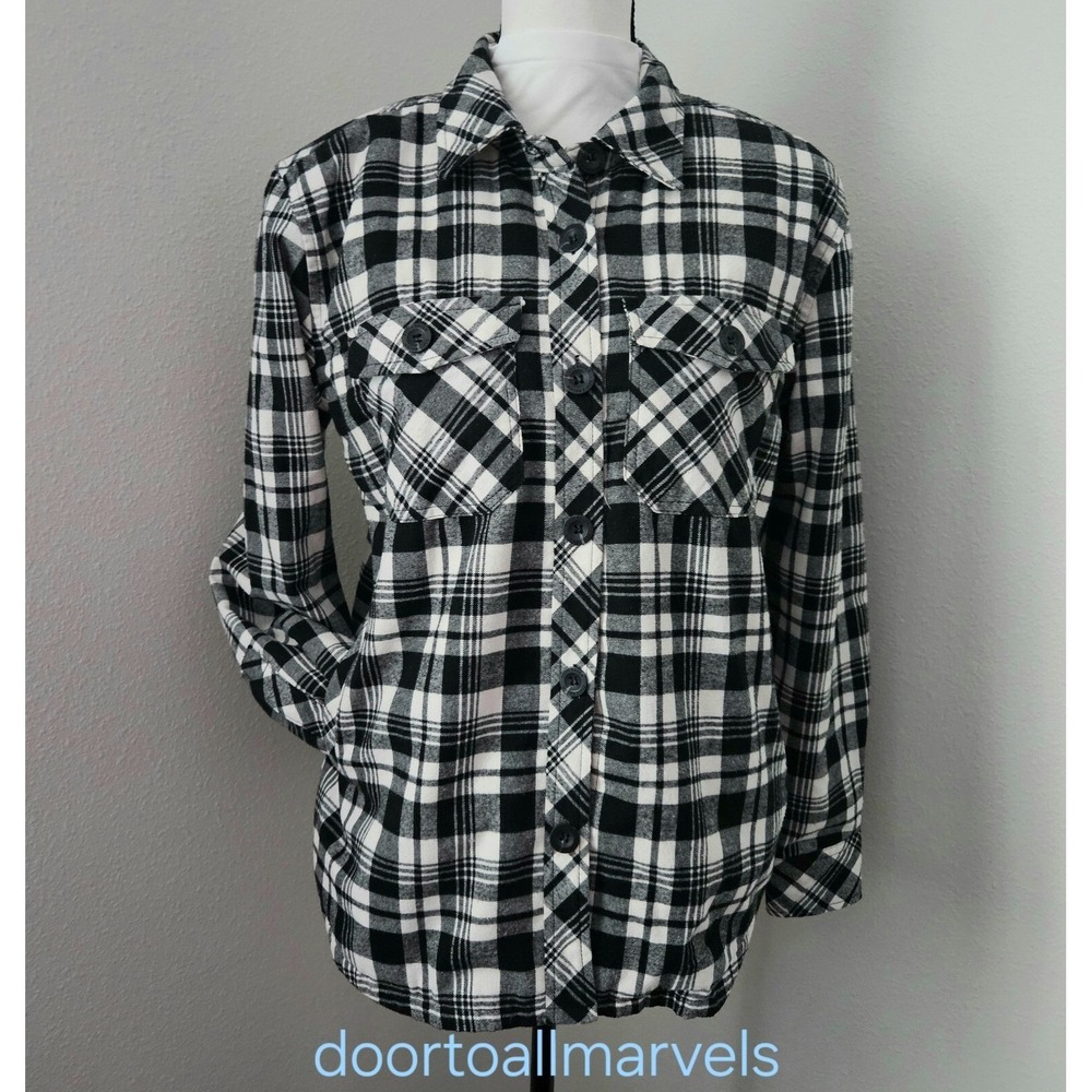 Eddie Bauer Plaid Flannel Shacket Shirt Cotton Sherpa-Lined Button Up Women sz S
